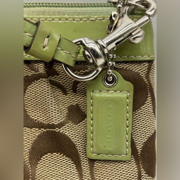 Coach Signature Jacquard Green Patent Trim Pouch Wristlet Khaki #2 - Picture 2 of 6